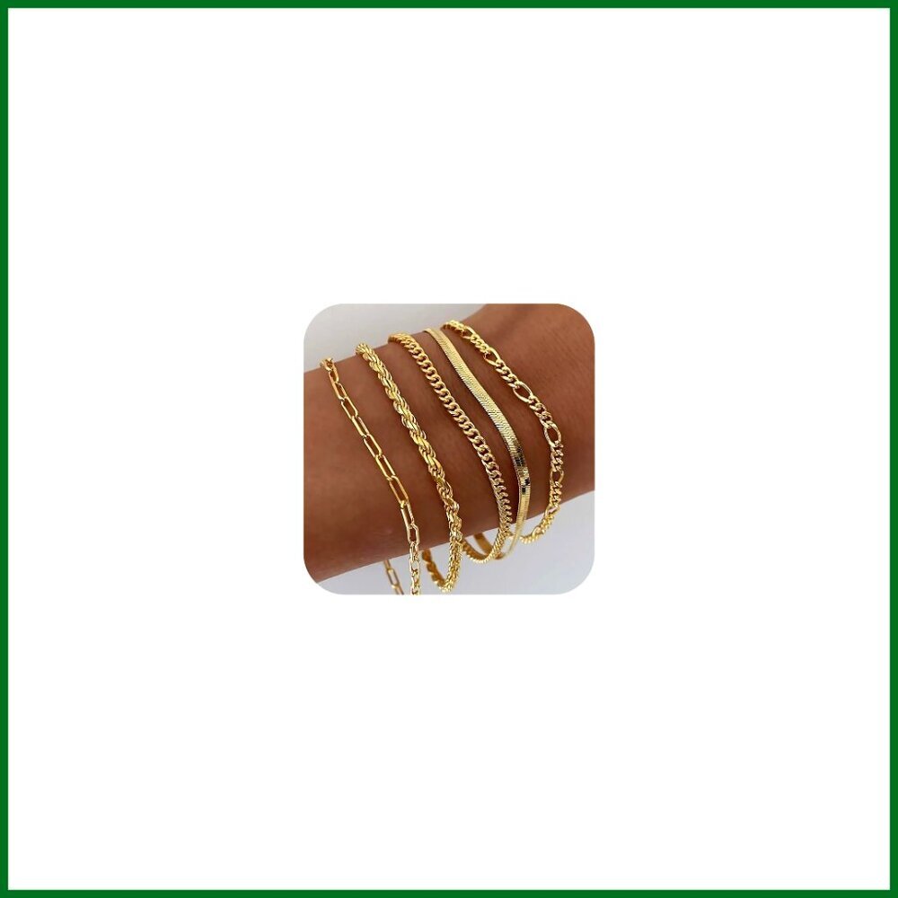 Gold Plated Bracelet Set Dainty Tennis Beaded Chain Elegant Minimal Chic